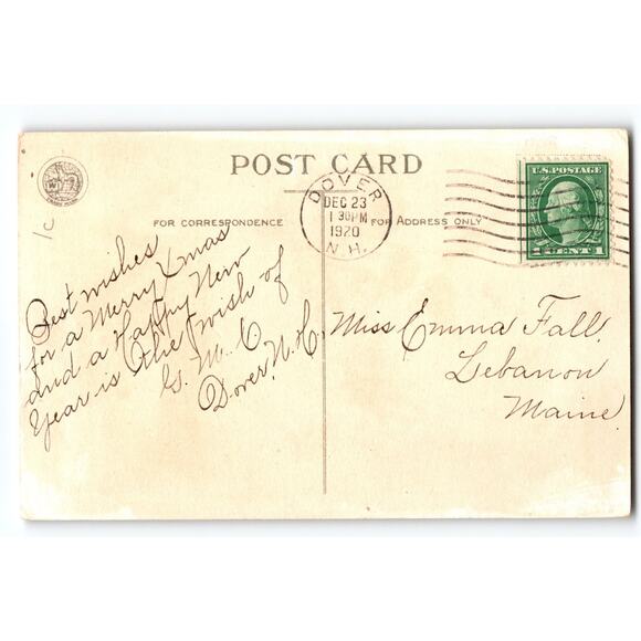 Vintage 1920 Christmas Greetings Postcard with Poinsettias & Snowy House - Picture 2 of 2